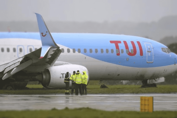 As Storm Babet batters Britain, Leeds-Bradford Airport suspends flights after a TUI Airways 737 from Corfu skids off the runway