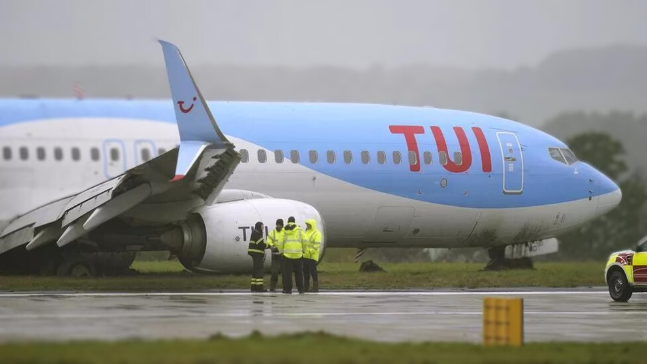 As Storm Babet batters Britain, Leeds-Bradford Airport suspends flights after a TUI Airways 737 from Corfu skids off the runway